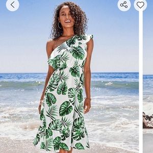 One shoulder ruffle tropical print summer dress